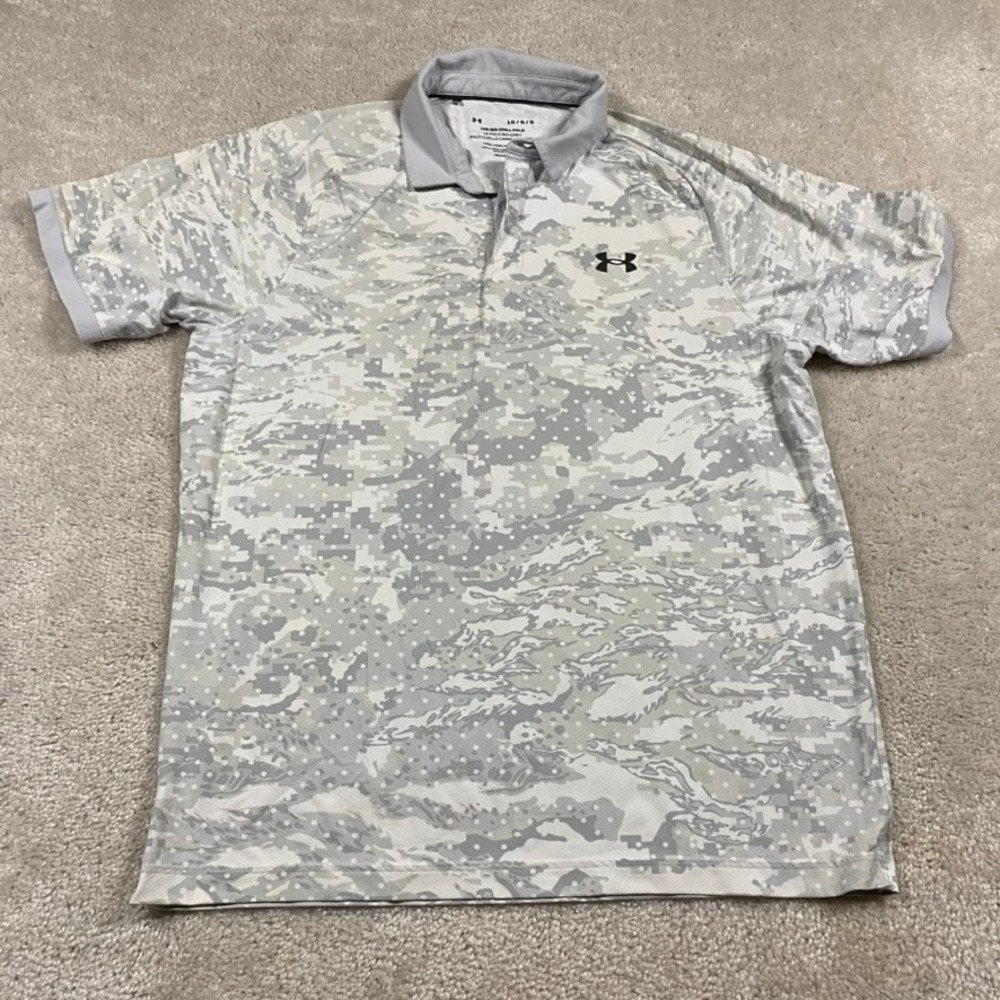 Under Armour Polo Shirt Mens L Iso-Chill Gray White Camo AOP HeatGear Golf